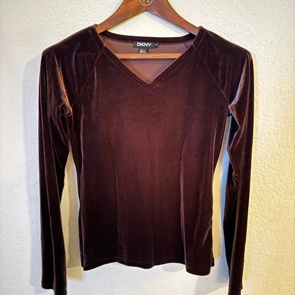 DKNY Womens Chocolate Brown Velvet Long Sleeve Shirt - M - Picture 2 of 12